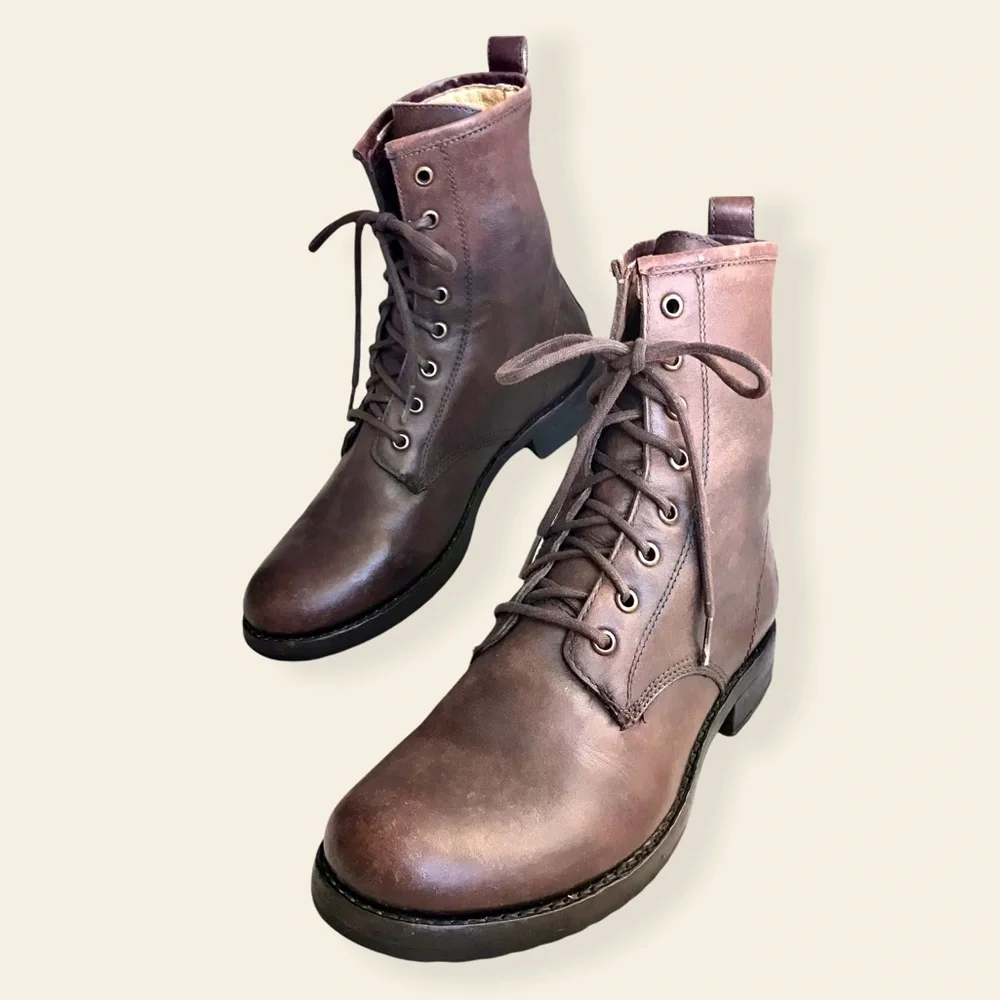 Frye Veronica Combat Brown Genuine Leather Lace Up Moto Combat Retro Ankle Boots - Picture 14 of 15